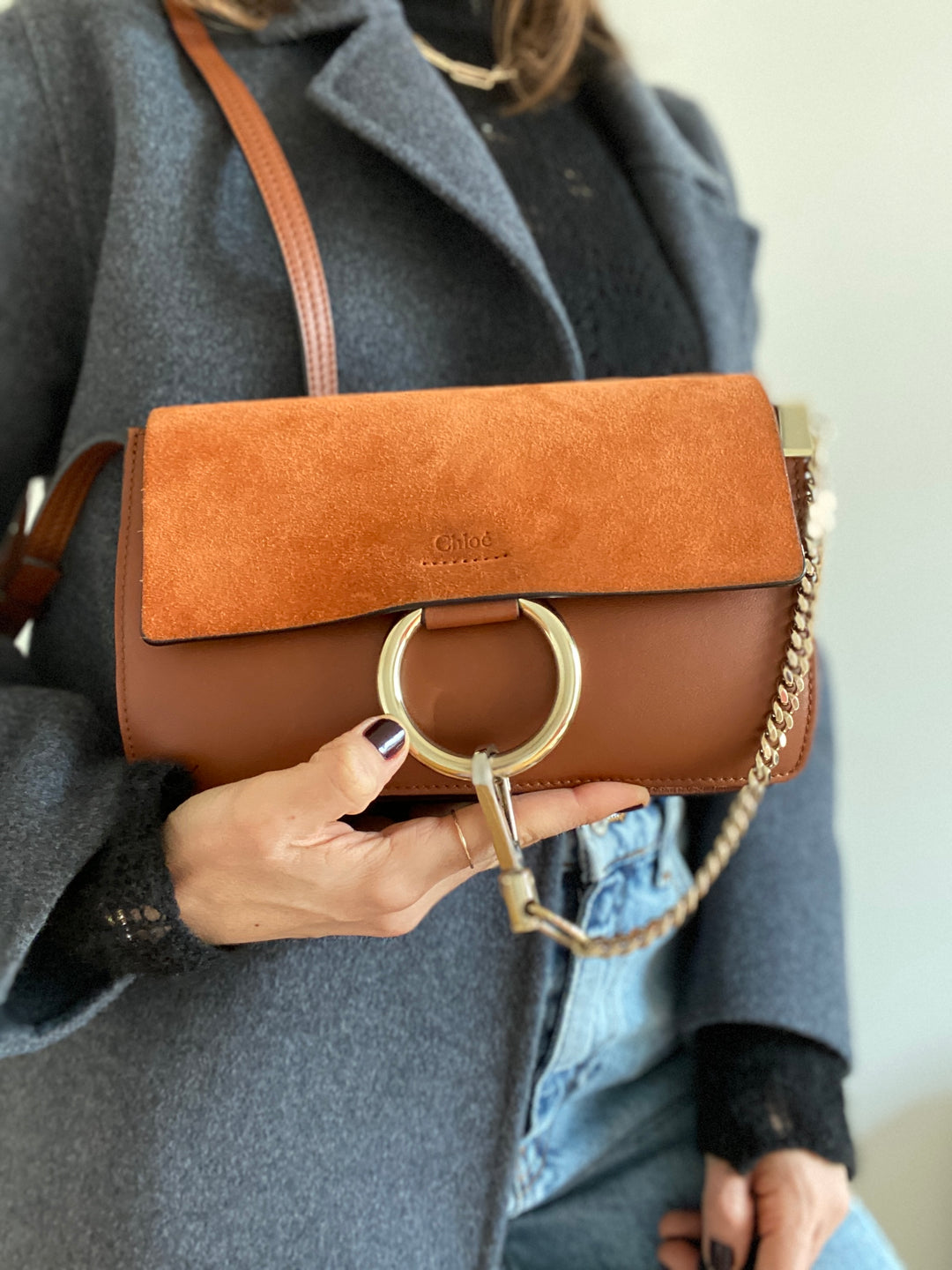 Chloe Faye small leather and suede shoulder bag in Tan PRELOVEDSTORY